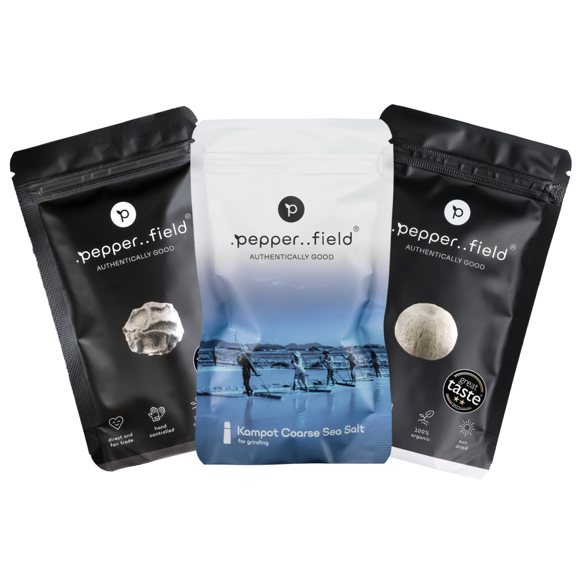 2+1: black and white Kampot  pepper, coarse-grained Kampot salt