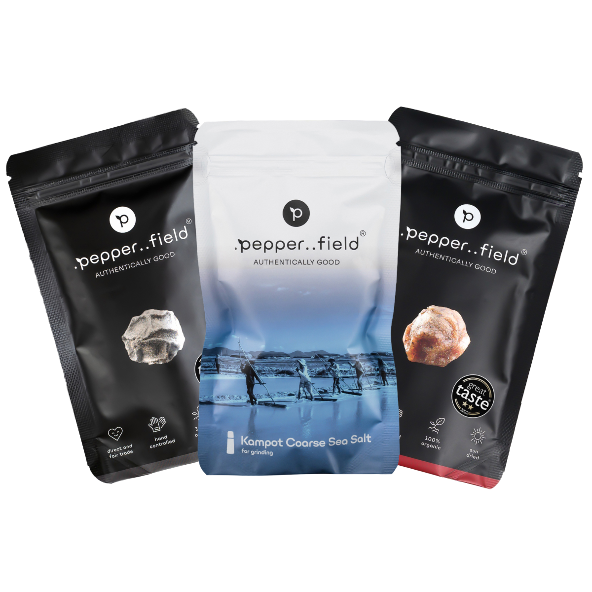 2+1: black and red Kampot  pepper, coarse-grained Kampot salt