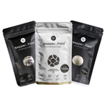 2+1: black and white Kampot  pepper, lyophilized flakes of fermented Kampot pepper (pepper flakes)