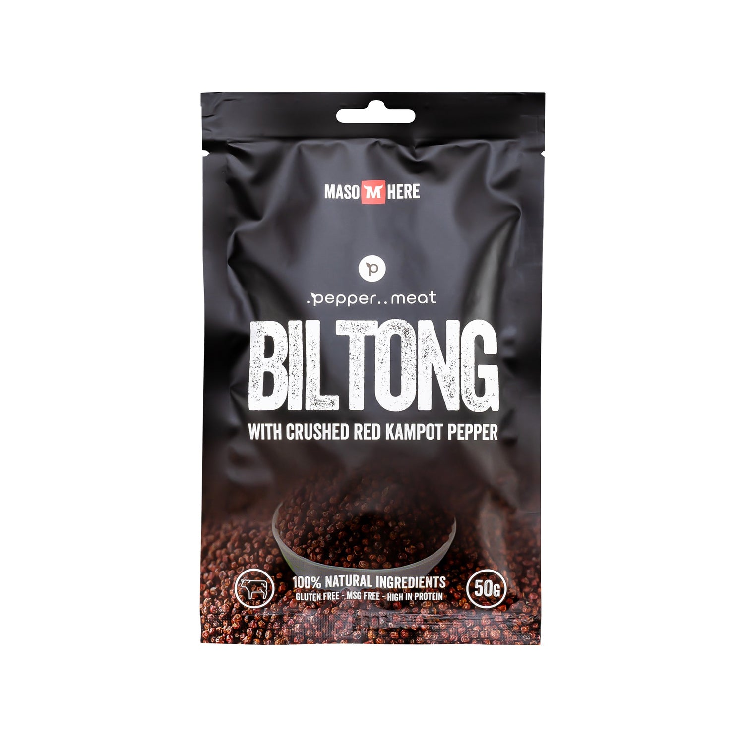 Sušené mäso biltong s drveným červeným kampotským korením 50 g