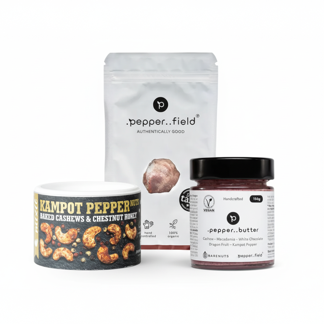 Valentine's cache package: cache butter with dragon fruit + roasted nuts Mixit + 20 g of red Kampot pepper as a gift 