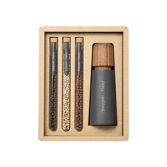 Scandinavian grinder with a set of test tubes with Kampot pepper in a gift cardboard box (3x10g)