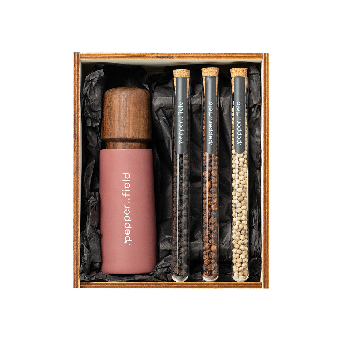 Scandinavian grinder with a set of vials with Kampot pepper in a wooden gift box (3x12g)